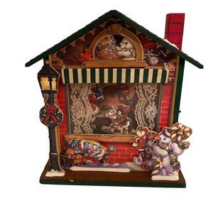 Santa's shop animated wooden house decoration musical snowman Christmas RARE